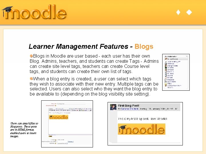 t u Learner Management Features - Blogs in Moodle are user based - each