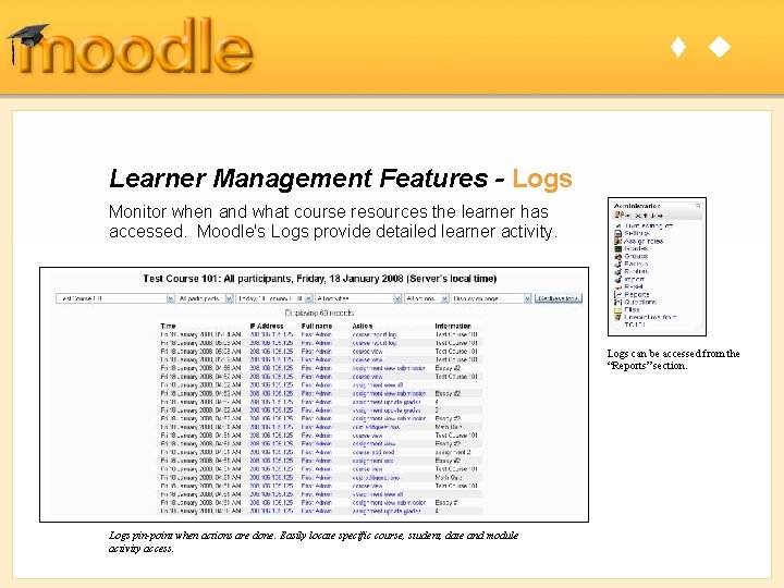 t u Learner Management Features - Logs Monitor when and what course resources the