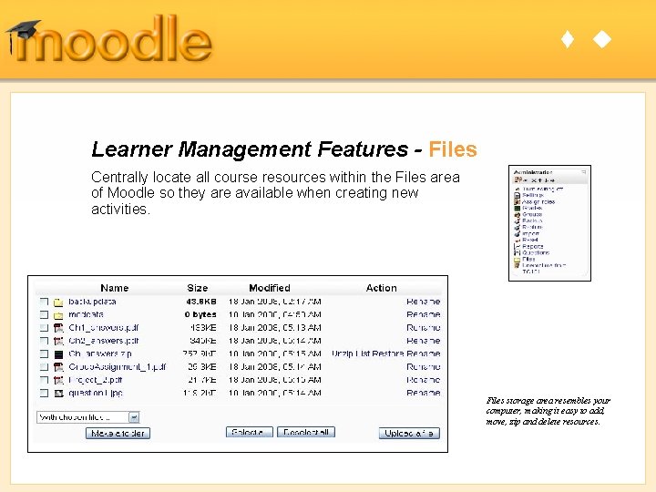 t u Learner Management Features - Files Centrally locate all course resources within the