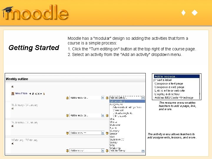 t u Getting Started Moodle has a "modular" design so adding the activities that