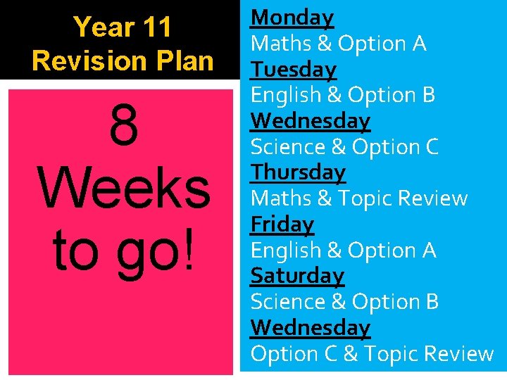 Year 11 Revision Plan 8 Weeks to go! Monday Maths & Option A Tuesday