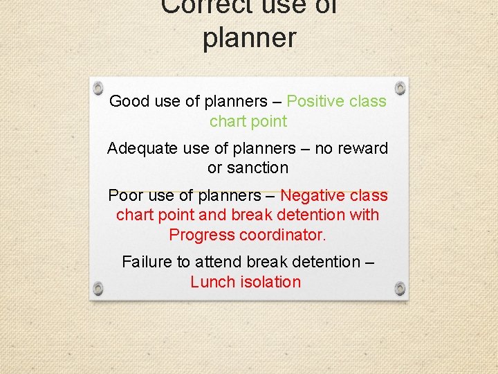 Correct use of planner Good use of planners – Positive class chart point Adequate