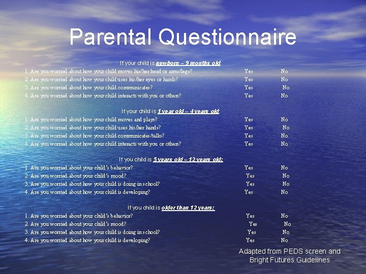 Parental Questionnaire If your child is newborn – 9 months old: 1. Are you