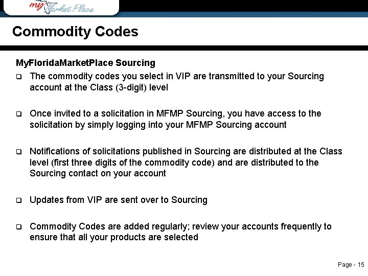 Commodity Codes My. Florida. Market. Place Sourcing q The commodity codes you select in