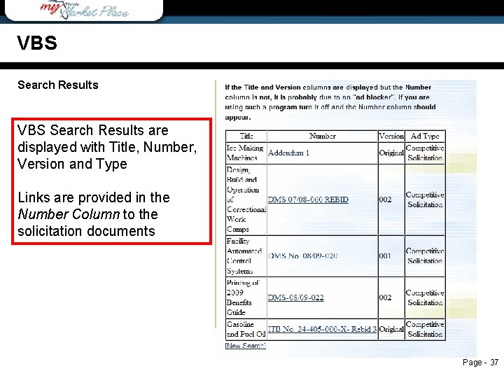 VBS Search Results are displayed with Title, Number, Version and Type Links are provided