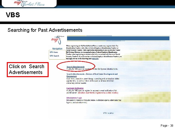 VBS Searching for Past Advertisements Click on Search Advertisements Page - 38 