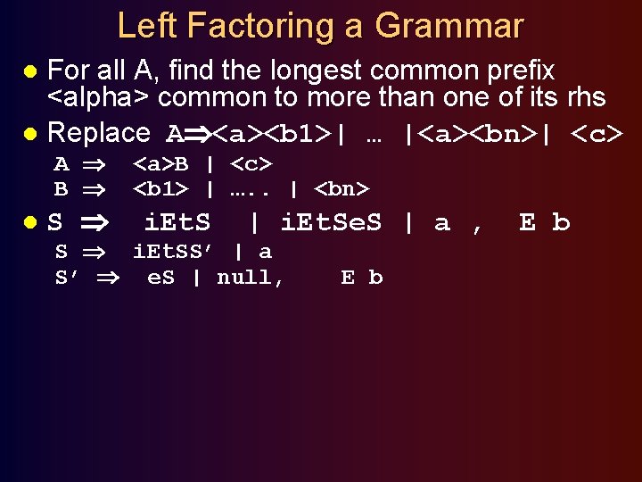 Left Factoring a Grammar For all A, find the longest common prefix <alpha> common