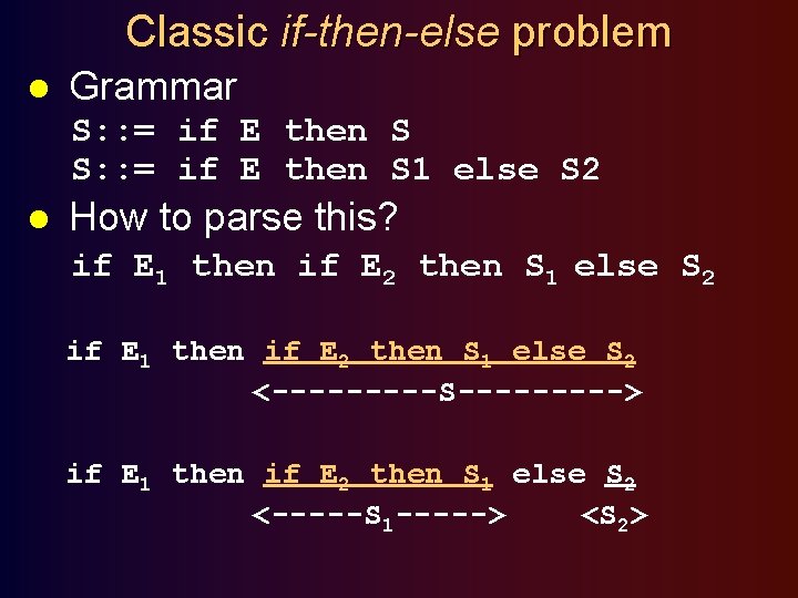 Classic if-then-else problem l Grammar S: : = if E then S 1 else