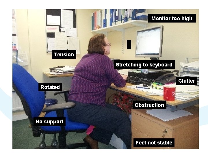 Monitor too high Tension Stretching to keyboard Clutter Rotated Obstruction No support Feet not