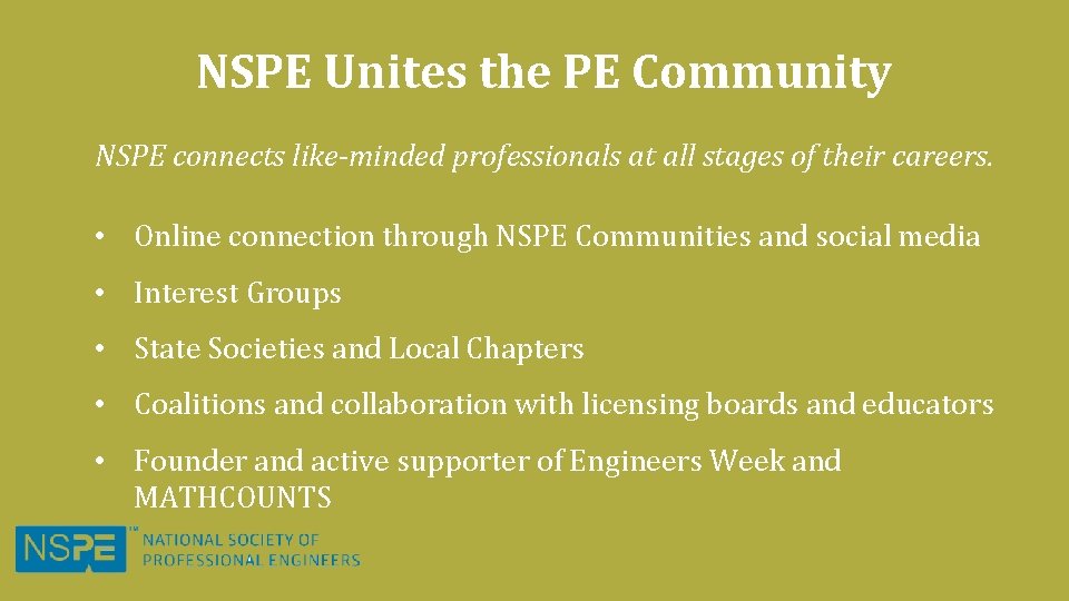 NSPE Unites the PE Community NSPE connects like-minded professionals at all stages of their