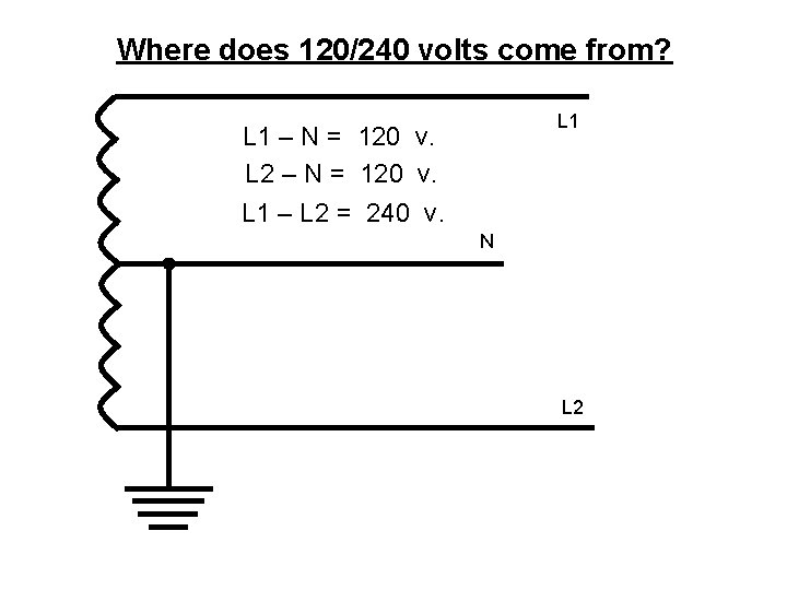Where does 120/240 volts come from? L 1 – N = 120 v. L