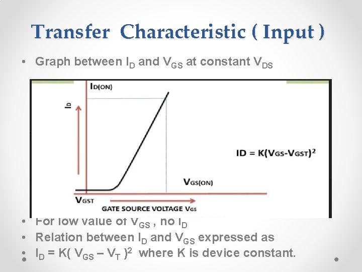Transfer Characteristic ( Input ) • Graph between ID and VGS at constant VDS