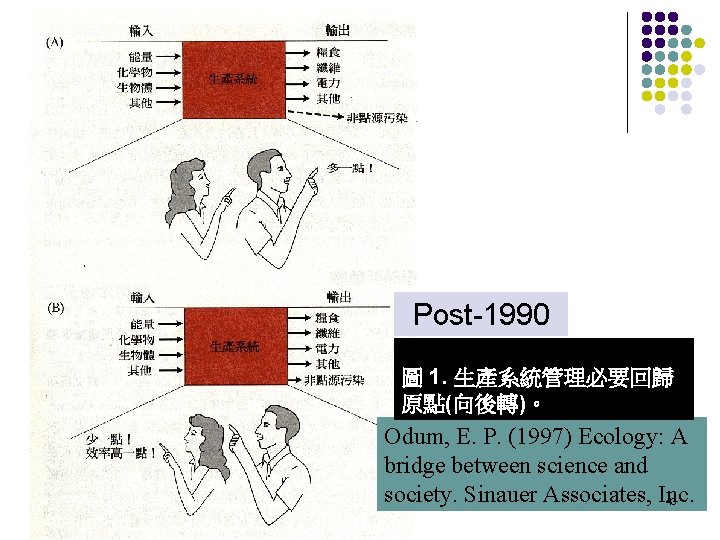 Post-1990 圖 1. 生產系統管理必要回歸 原點(向後轉)。 Odum, E. P. (1997) Ecology: A bridge between science
