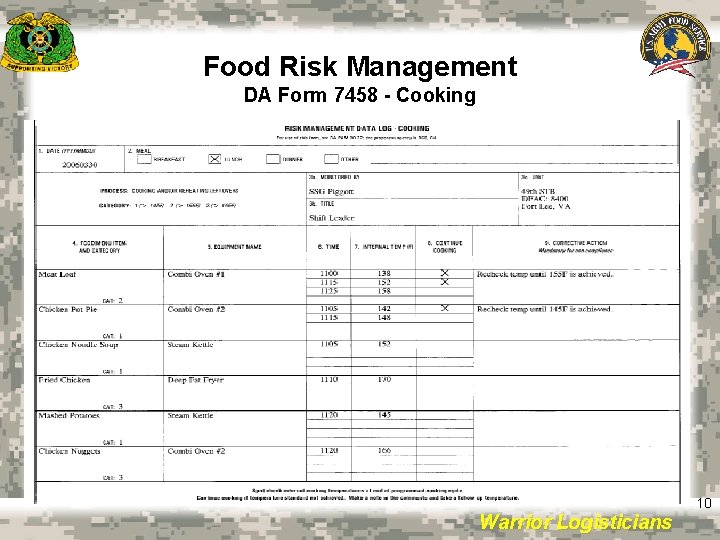 Food Risk Management DA Form 7458 - Cooking Warrior Logisticians 10 