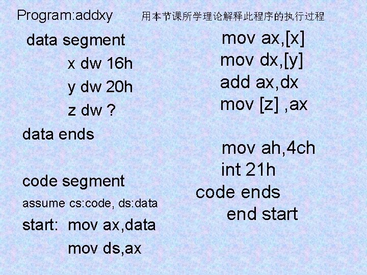 Program: addxy 用本节课所学理论解释此程序的执行过程 data segment x dw 16 h y dw 20 h z