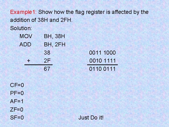 Example 1: Show the flag register is affected by the addition of 38 H