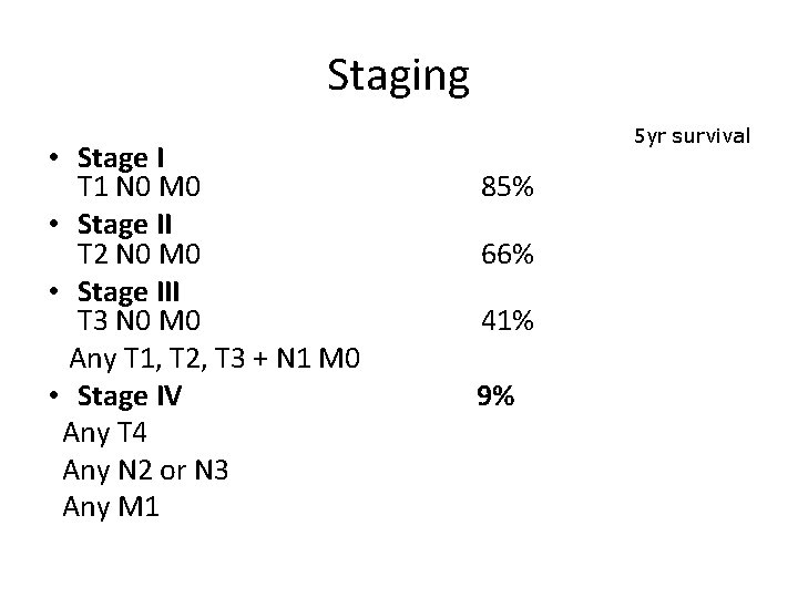 Staging • Stage I T 1 N 0 M 0 • Stage II T
