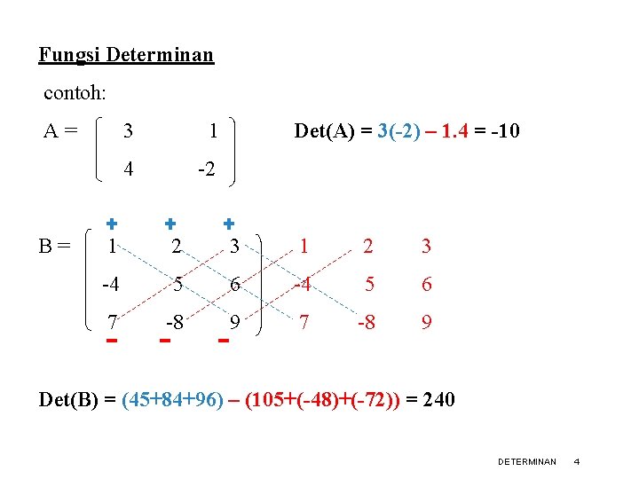 Fungsi Determinan contoh: A= B= 3 1 4 -2 Det(A) = 3(-2) – 1.