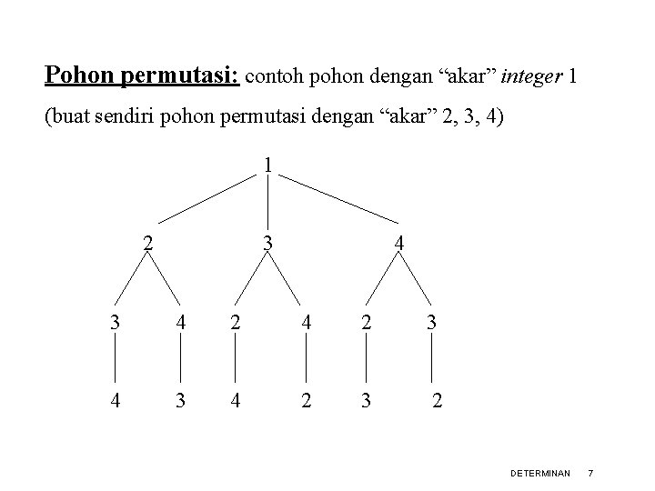 Pohon permutasi: contoh pohon dengan “akar” integer 1 (buat sendiri pohon permutasi dengan “akar”