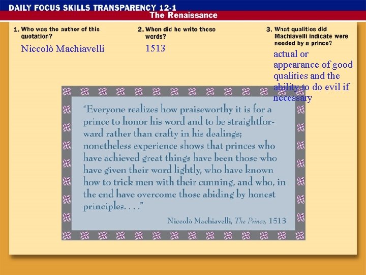 Niccolò Machiavelli 1513 actual or appearance of good qualities and the ability to do