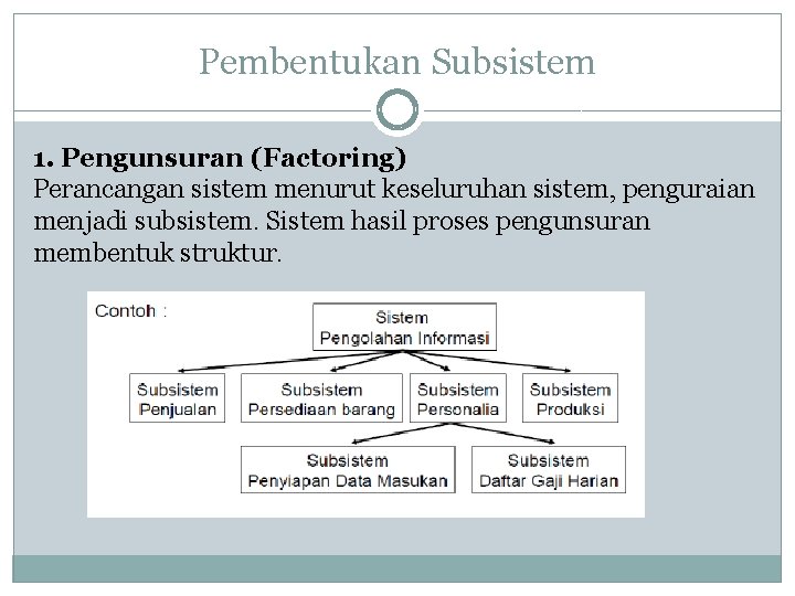 Pembentukan Subsistem 1. Pengunsuran (Factoring) Perancangan sistem menurut keseluruhan sistem, penguraian menjadi subsistem. Sistem