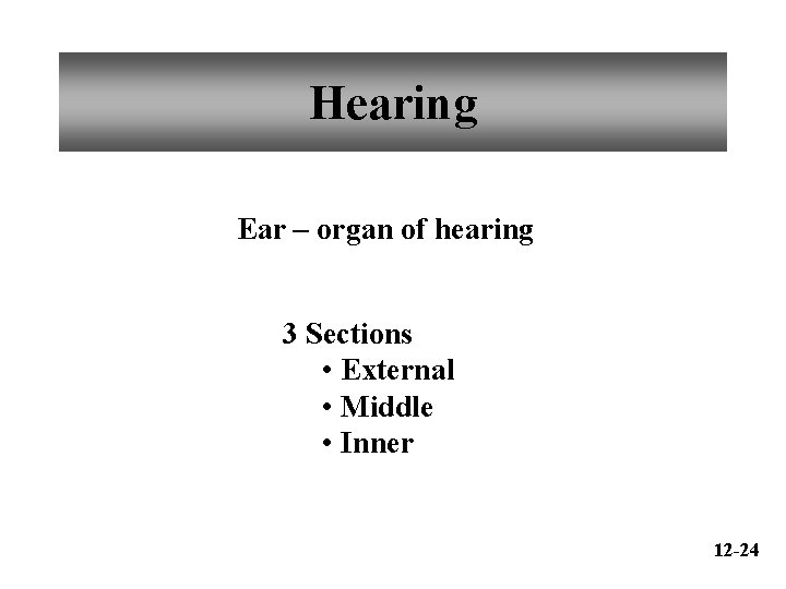Hearing Ear – organ of hearing 3 Sections • External • Middle • Inner