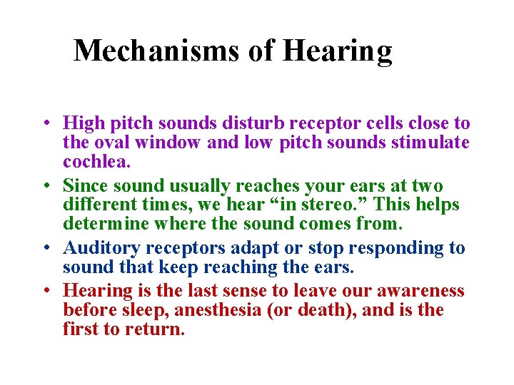 Mechanisms of Hearing • High pitch sounds disturb receptor cells close to the oval
