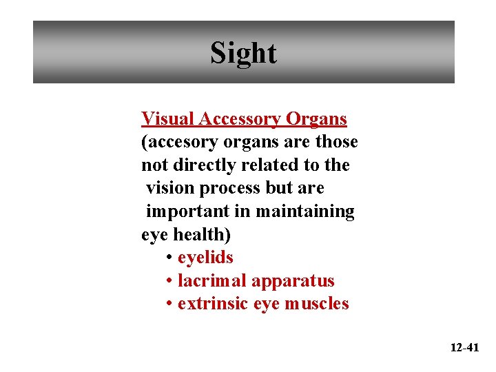 Sight Visual Accessory Organs (accesory organs are those not directly related to the vision