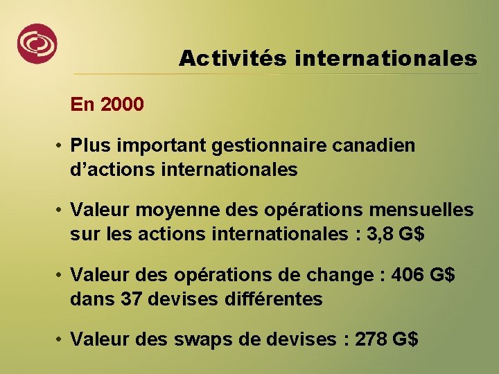 Activités internationales En 2000 • Plus important gestionnaire canadien d’actions internationales • Valeur moyenne