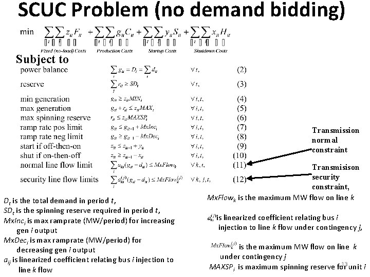 SCUC Problem (no demand bidding) Subject to Transmission normal constraint Dt is the total