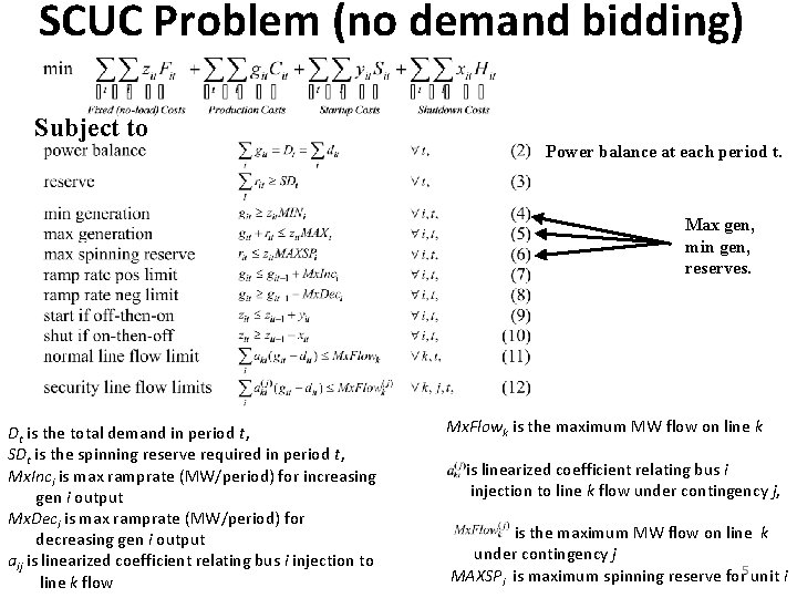 SCUC Problem (no demand bidding) Subject to Power balance at each period t. Max