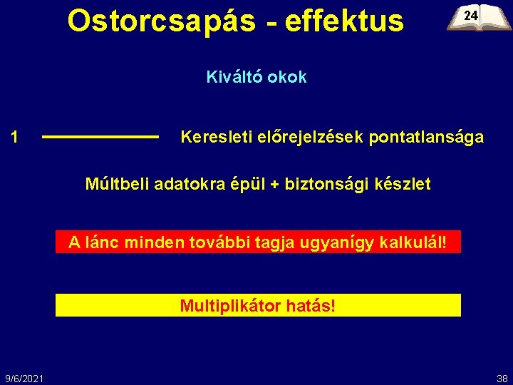 Ostorcsapás - effektus 24 Kiváltó okok 1 Keresleti előrejelzések pontatlansága Múltbeli adatokra épül +