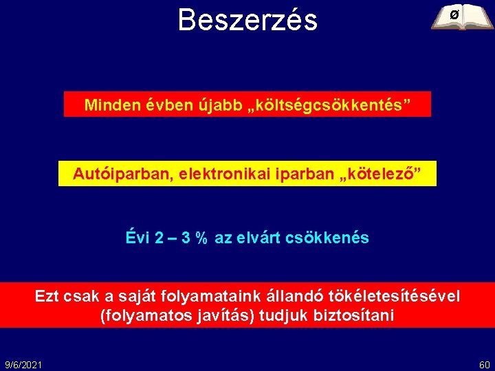 Beszerzés Ø Minden évben újabb „költségcsökkentés” Autóiparban, elektronikai iparban „kötelező” Évi 2 – 3