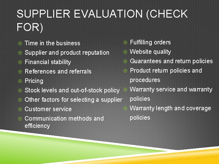 SUPPLIER EVALUATION (CHECK FOR) Time in the business Fulfilling orders Supplier and product reputation