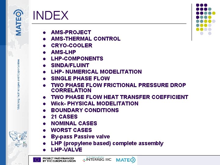 INDEX l l l l l AMS-PROJECT AMS-THERMAL CONTROL CRYO-COOLER AMS-LHP LHP-COMPONENTS SINDA/FLUINT LHP-