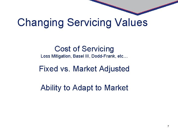 Changing Servicing Values Cost of Servicing Loss Mitigation, Basel III, Dodd-Frank, etc… Fixed vs.