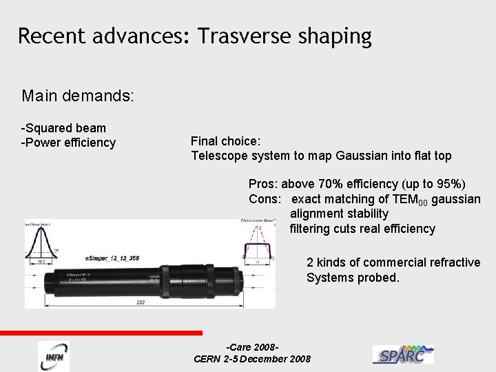 Recent advances: Trasverse shaping Main demands: -Squared beam -Power efficiency Final choice: Telescope system