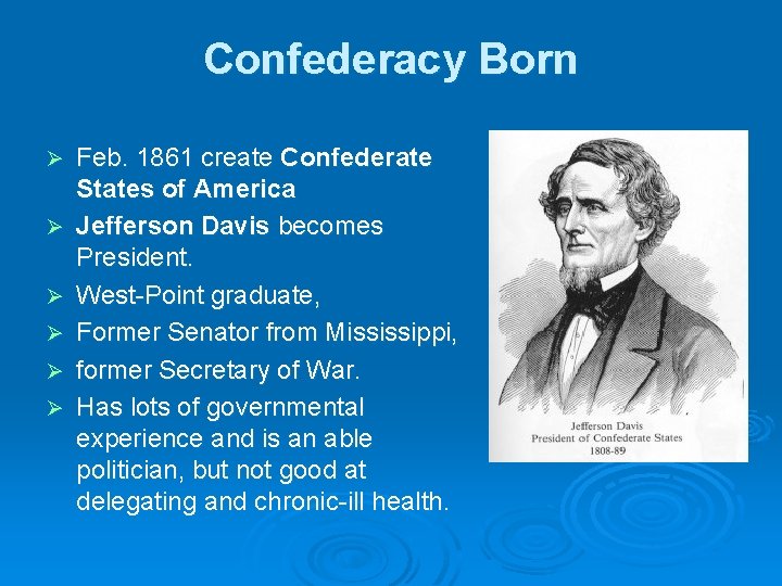 Confederacy Born Ø Ø Ø Feb. 1861 create Confederate States of America Jefferson Davis