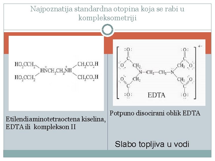 Najpoznatija standardna otopina koja se rabi u kompleksometriji Etilendiaminotetraoctena kiselina, EDTA ili komplekson II