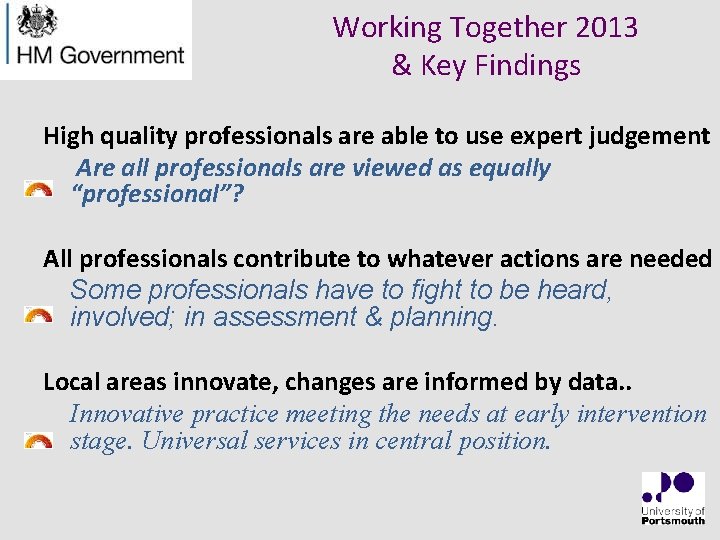 Working Together 2013 & Key Findings High quality professionals are able to use expert