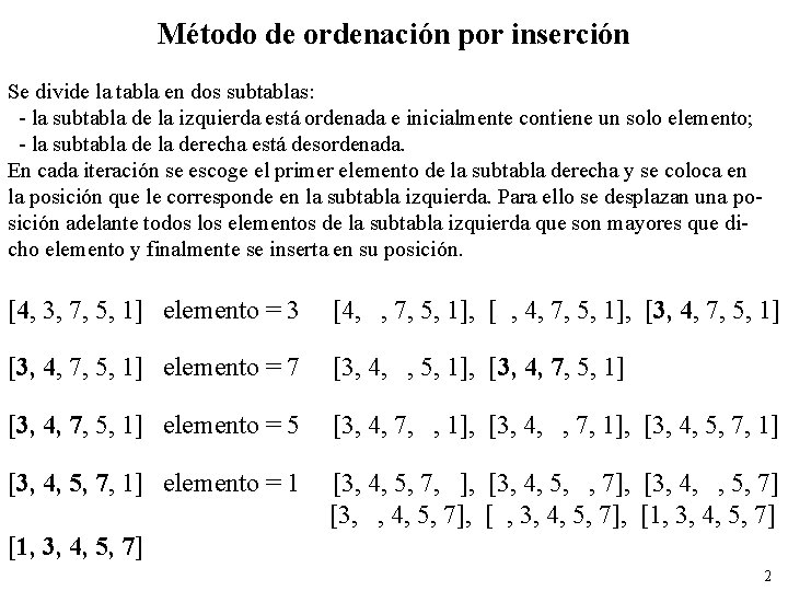 Método de ordenación por inserción Se divide la tabla en dos subtablas: - la