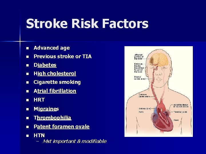 Stroke Risk Factors n Advanced age n Previous stroke or TIA n Diabetes n