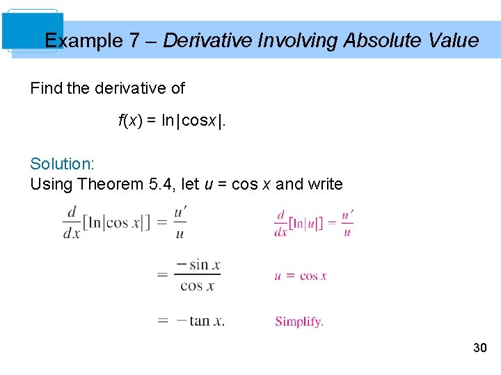 Example 7 – Derivative Involving Absolute Value Find the derivative of f(x) = ln