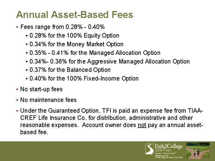 Annual Asset-Based Fees • Fees range from 0. 28% - 0. 40% • 0.