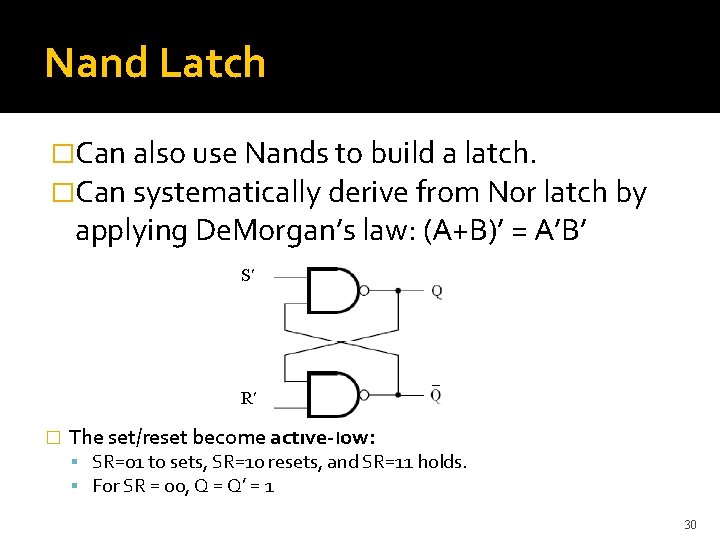 Nand Latch �Can also use Nands to build a latch. �Can systematically derive from