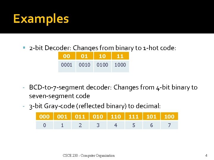 Examples 2 -bit Decoder: Changes from binary to 1 -hot code: 00 01 10