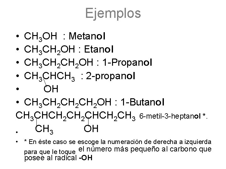 Ejemplos • CH 3 OH : Metanol • CH 3 CH 2 OH :