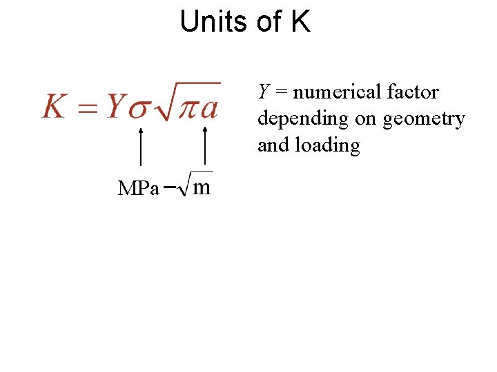 Units of K Y = numerical factor depending on geometry and loading MPa 