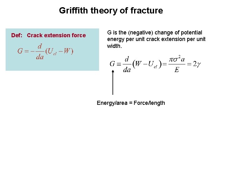 Griffith theory of fracture Def: Crack extension force G is the (negative) change of