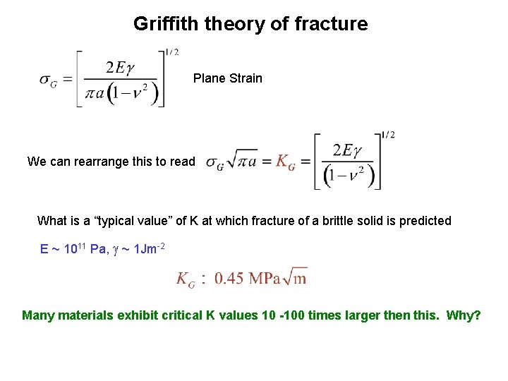 Griffith theory of fracture Plane Strain We can rearrange this to read What is